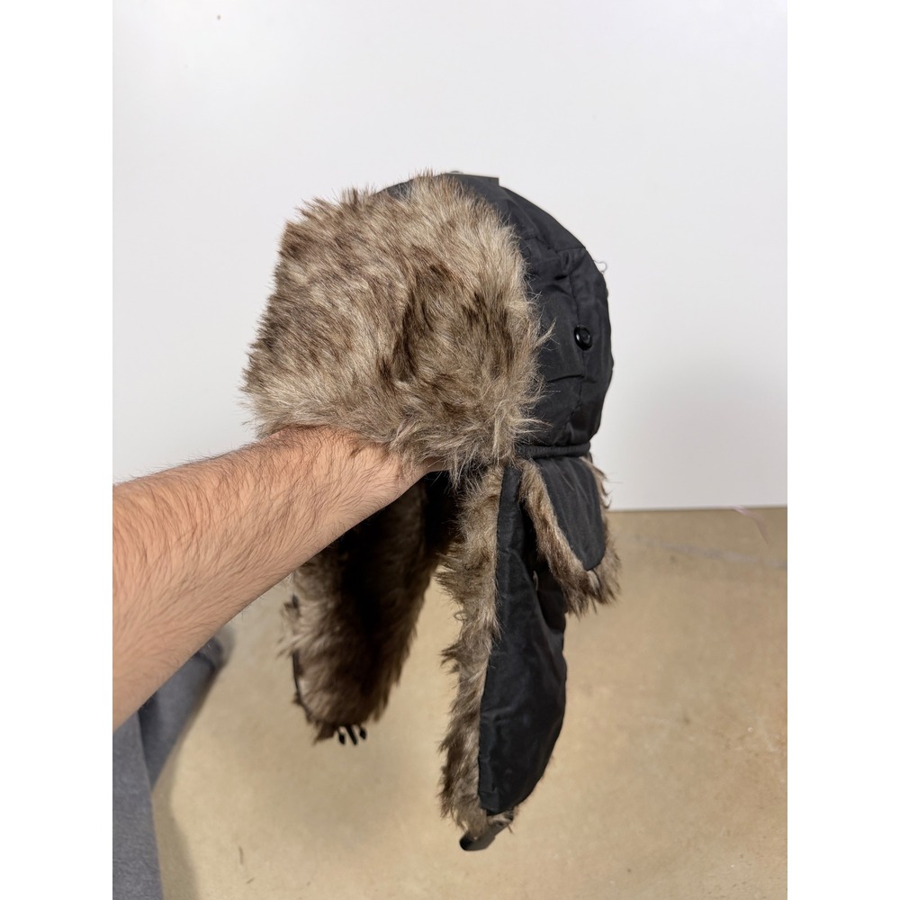Black Trapper Hat Faux Fur Lined Winter Ushanka Ear Flap Warm‎
